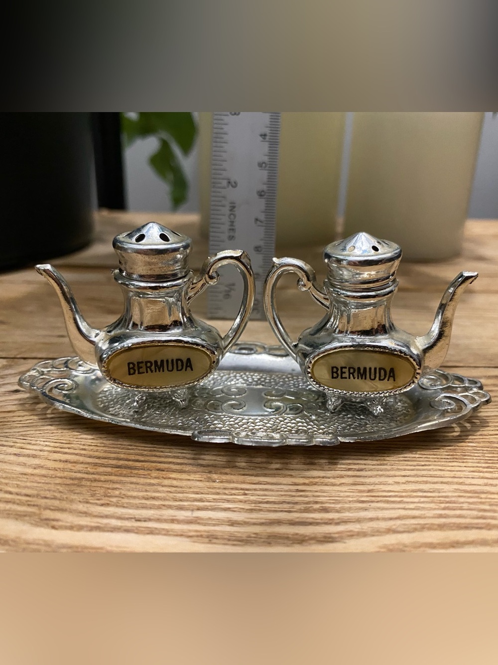 Vintage Bermuda Souvenir Teapot Salt Pepper Shakers Tray Set Silver Tone Japan